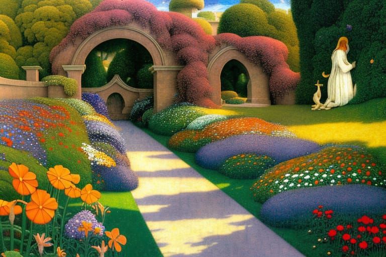 Sunrise Garden with Wildflowers in Art Nouveau Style