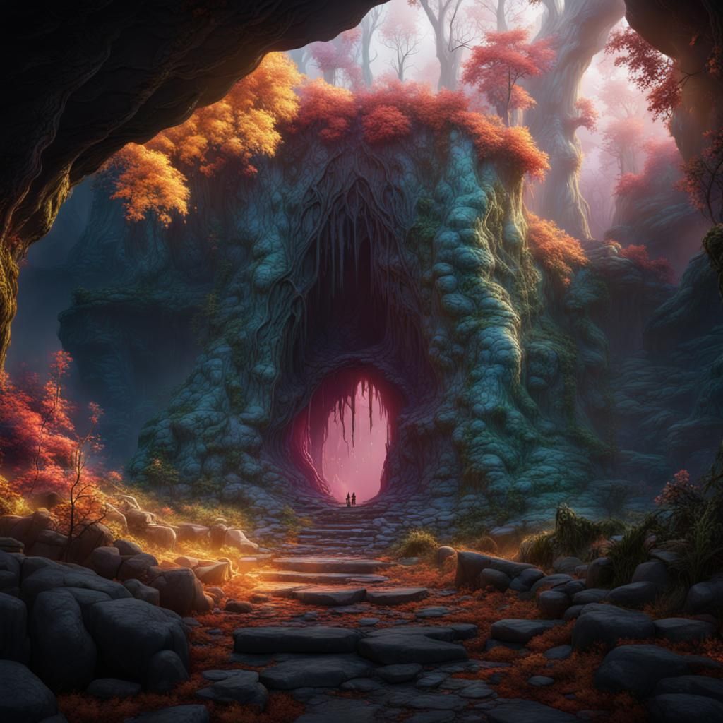Scary Cave Entrance in Colorful Forest: Matte Painting