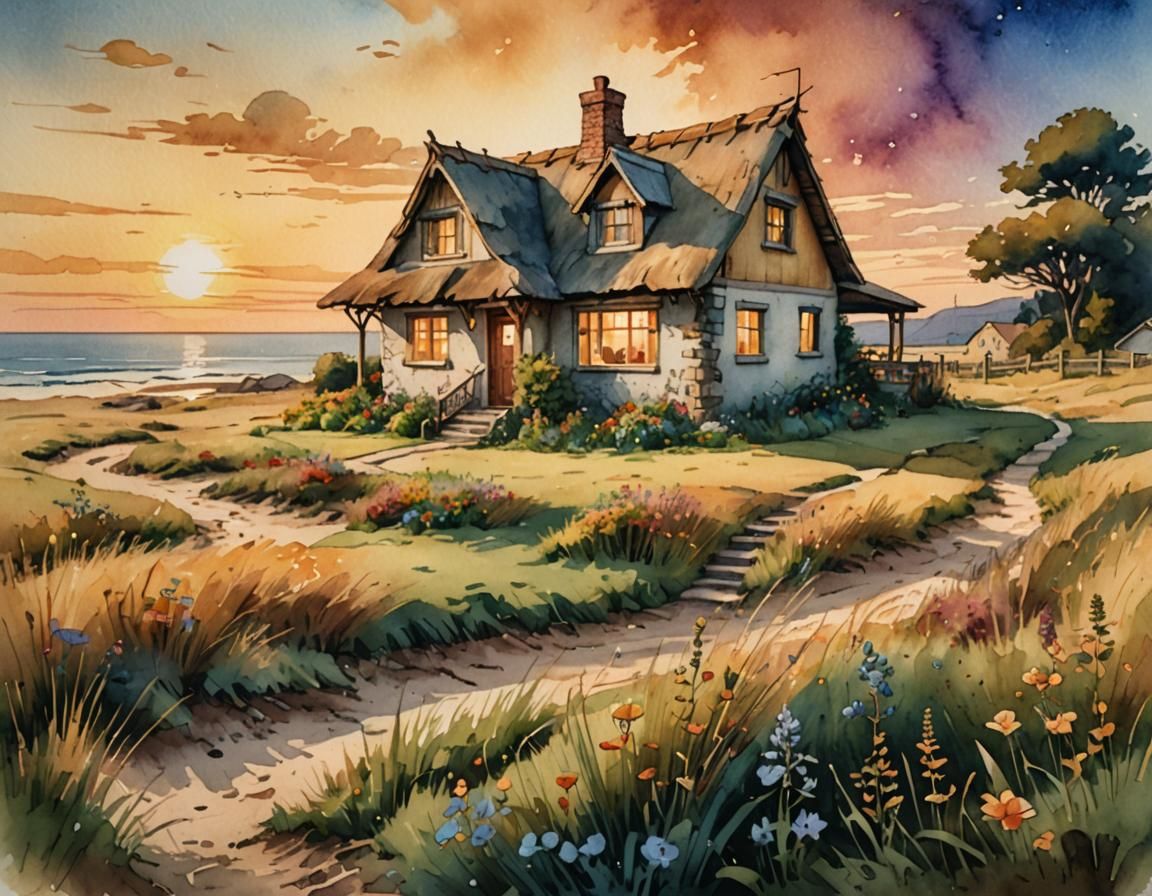 Watercolor Cottage by the Sea at Sunset