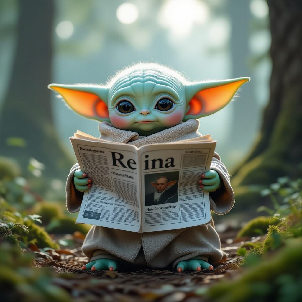 Baby Grogu Reads 'Reina' in Misty Forest, Photorealistic