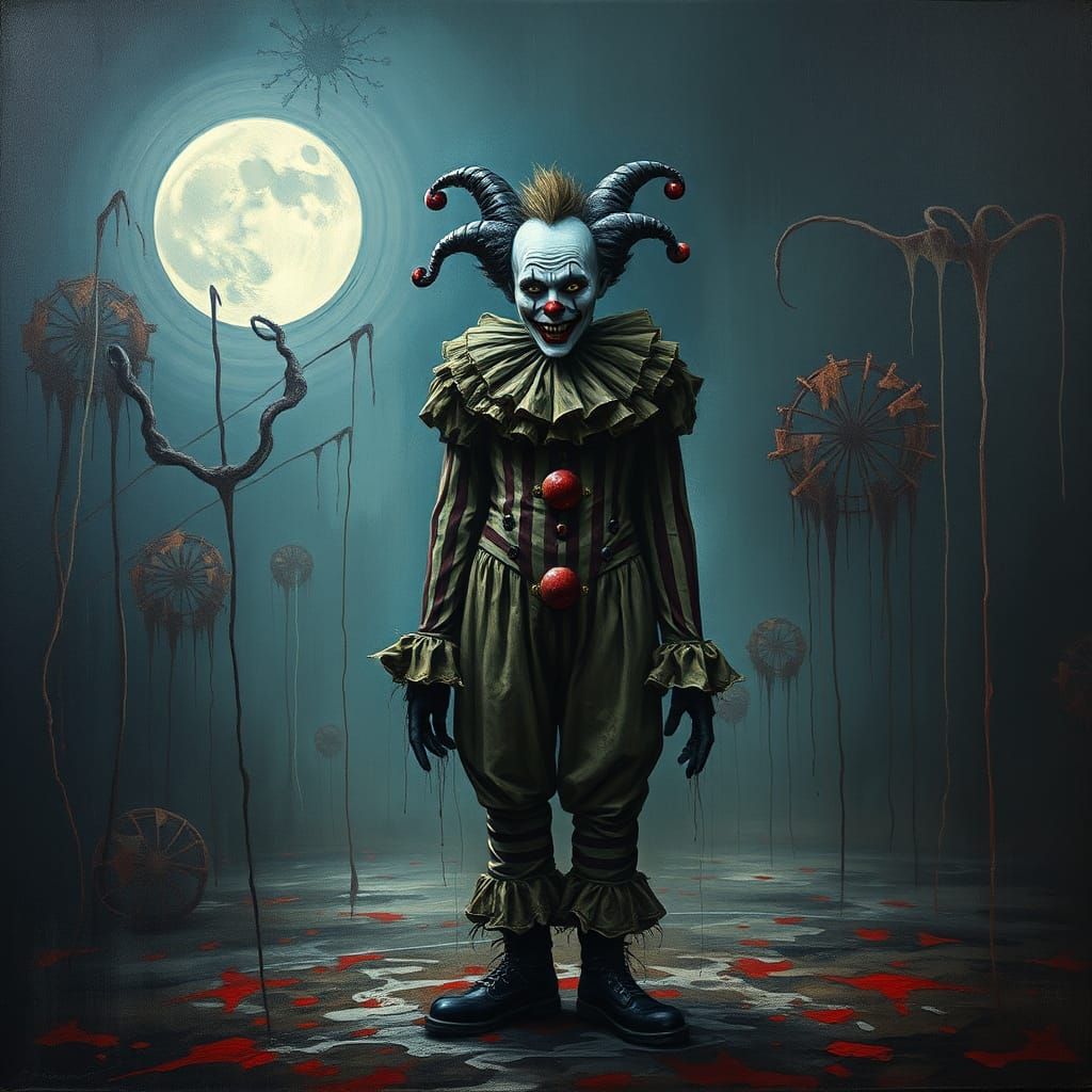 Eerie Clown in Surreal Art Deco Circus