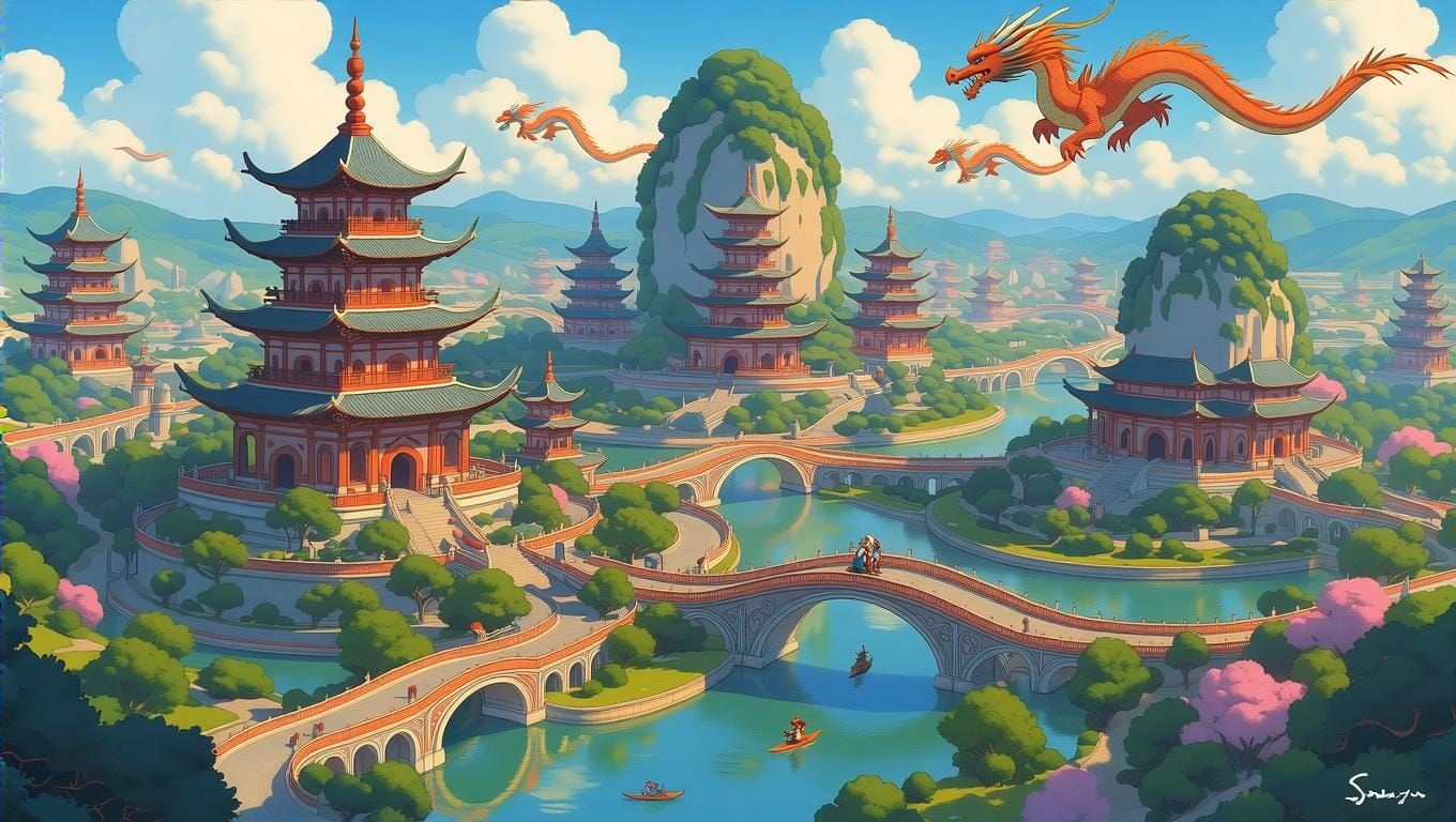 Dragons Soar Over Pagoda Cities in Vibrant Oriental Style