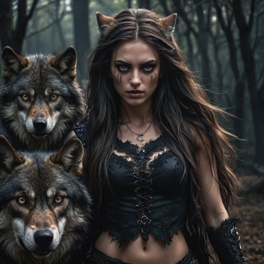 Wolf Woman with Piercing Gaze in Dark Fantasy Style
