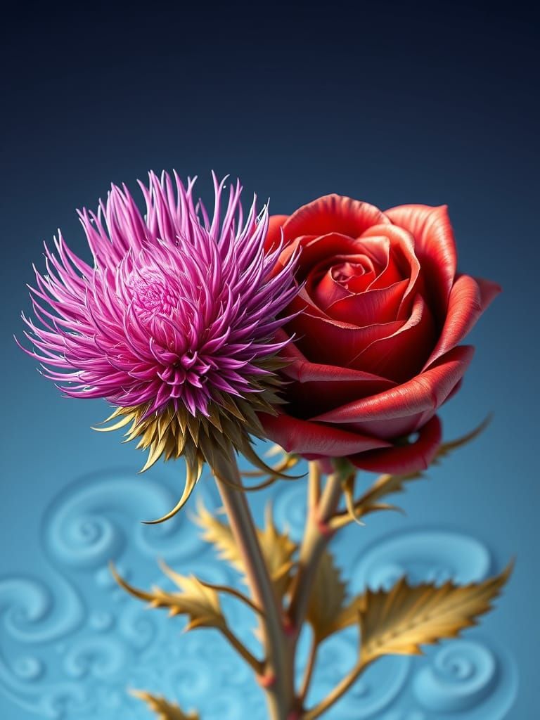 Fractal Thistle Blooms Amidst Golden Rose in Photorealistic ...