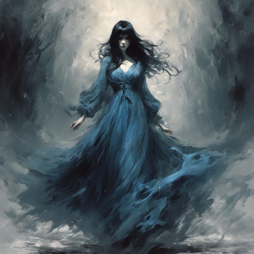 Anime Ghost Woman in Worn Blue Dress