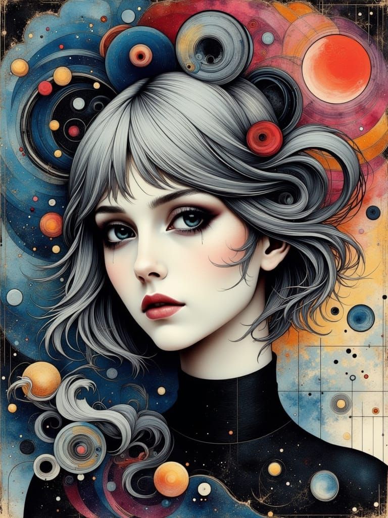 Gothic Woman Portrait with Abstract Swirls and Patterns