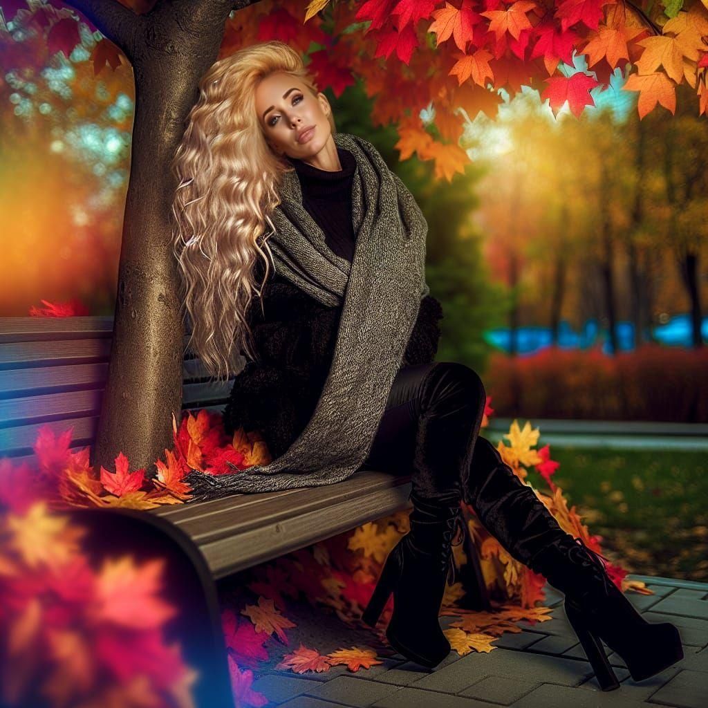 Woman in Autumnal Scene with Bokeh Effect