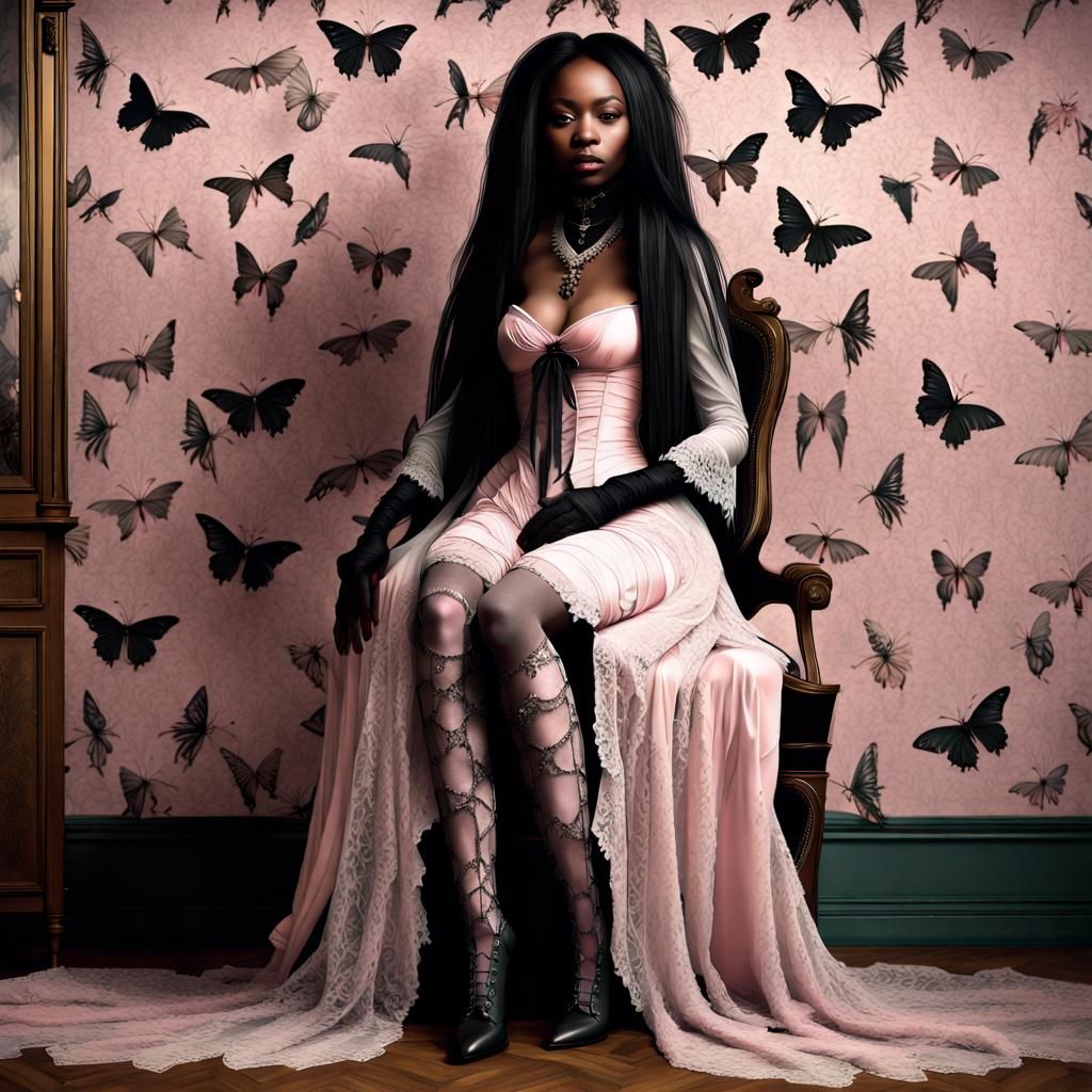 Pastel-gothic Black woman adorned in lace.