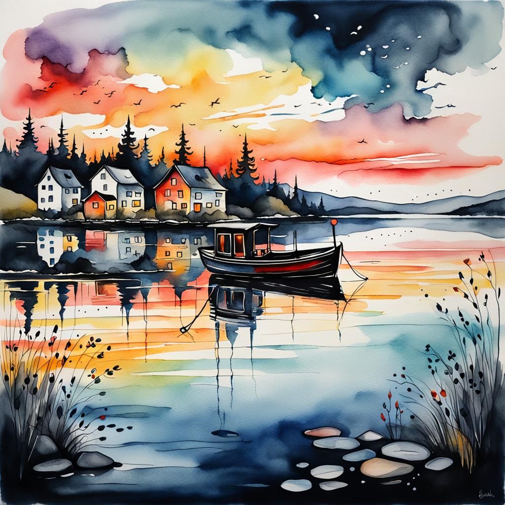 Lake Village Sunset in Rosina Wachtmeister Style