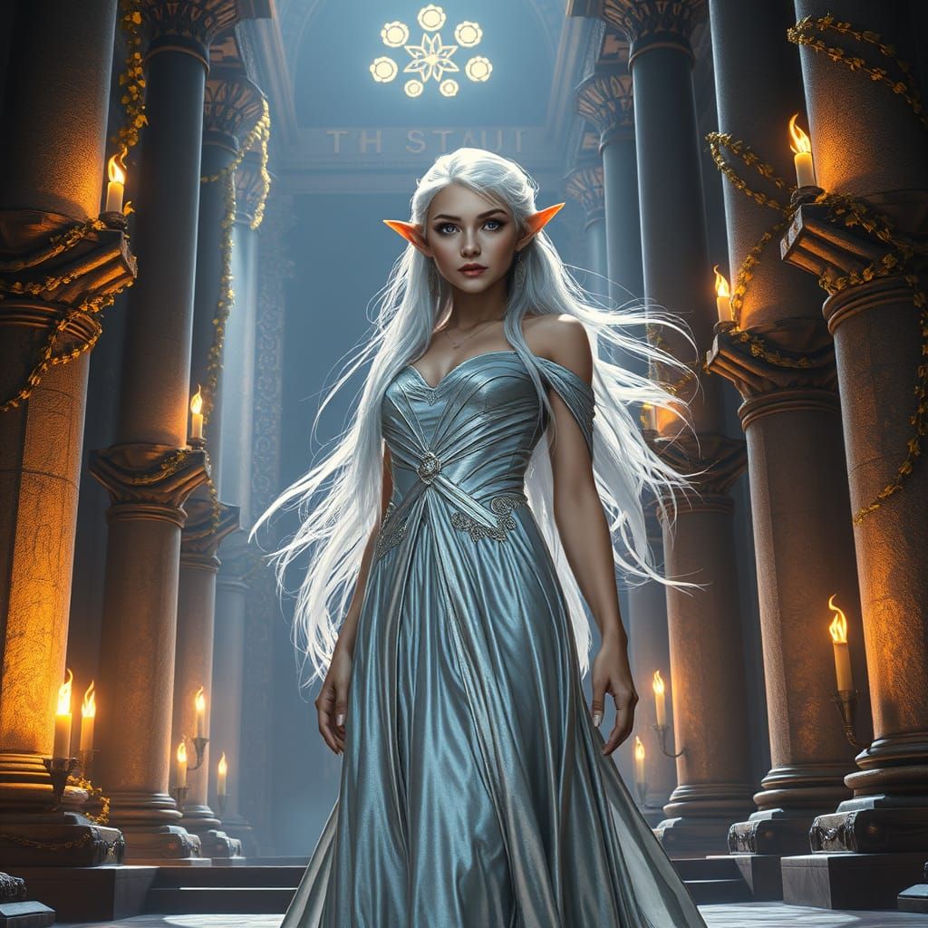 Elegant Elf in Ancient Temple with Cinematic Lighting