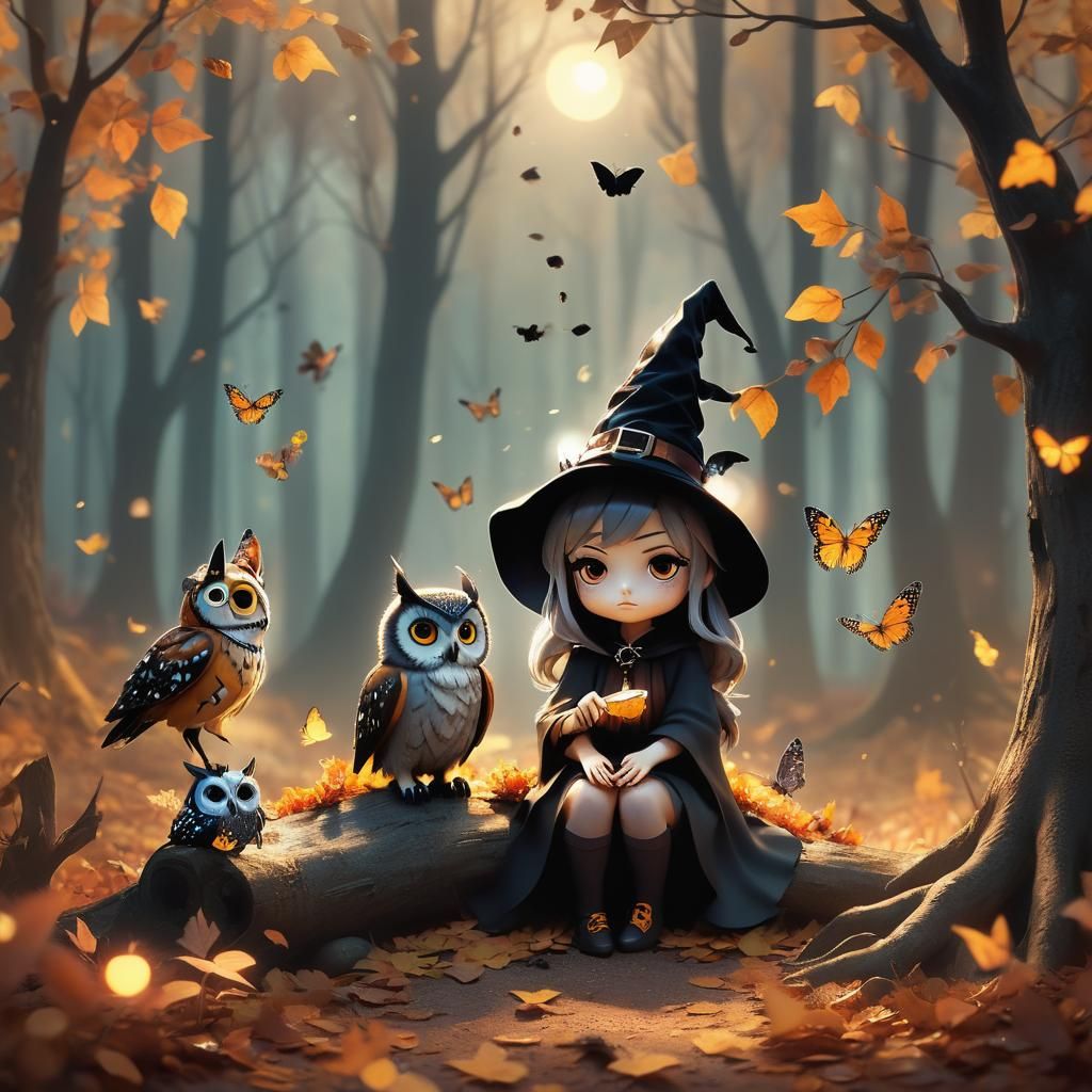 Chibi Witch in Magical Autumn Forest