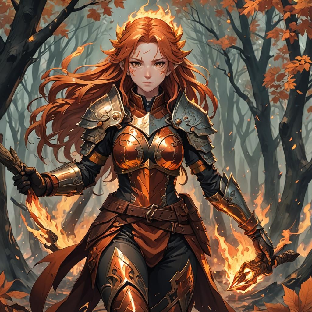Fiery Wildfire Druid in Cel-Shaded Anime Style