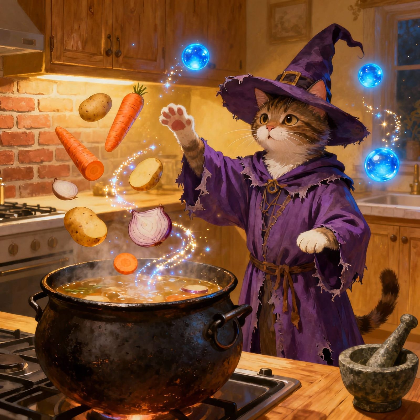 Whimsical Sorcerer Cat Conjuring Magical Kitchen Stew