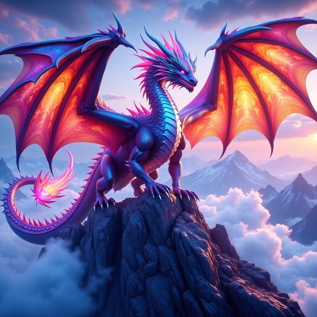 Iridescent Dragon with Rainbow Wings Over Mountains