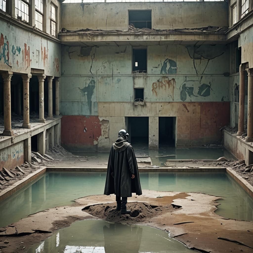 Man in Gas Mask Climbs Abandoned Pool