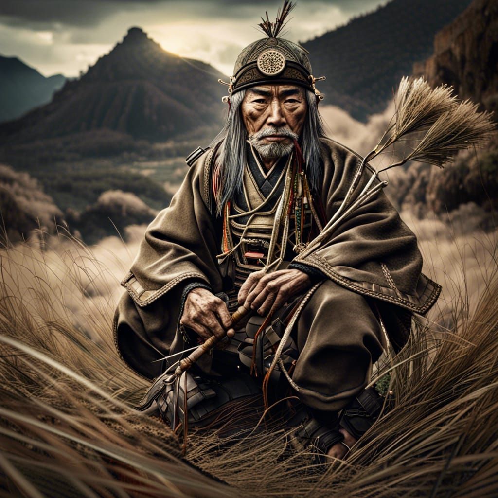 Hyperrealistic Japanese Warrior with Dreamcatcher on Battlef...