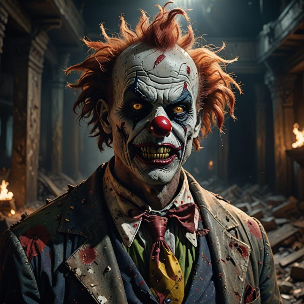 Zombie Clown in Ruins: Gritty Oil Painting