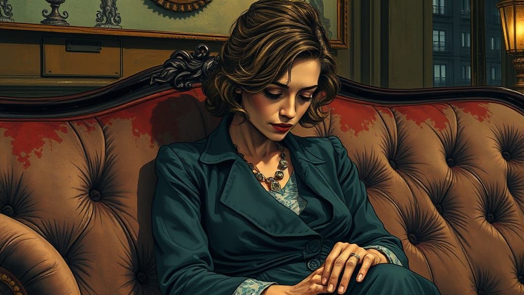 Elegant Woman Lost in Thought, Surrounded by Faded Grandeur