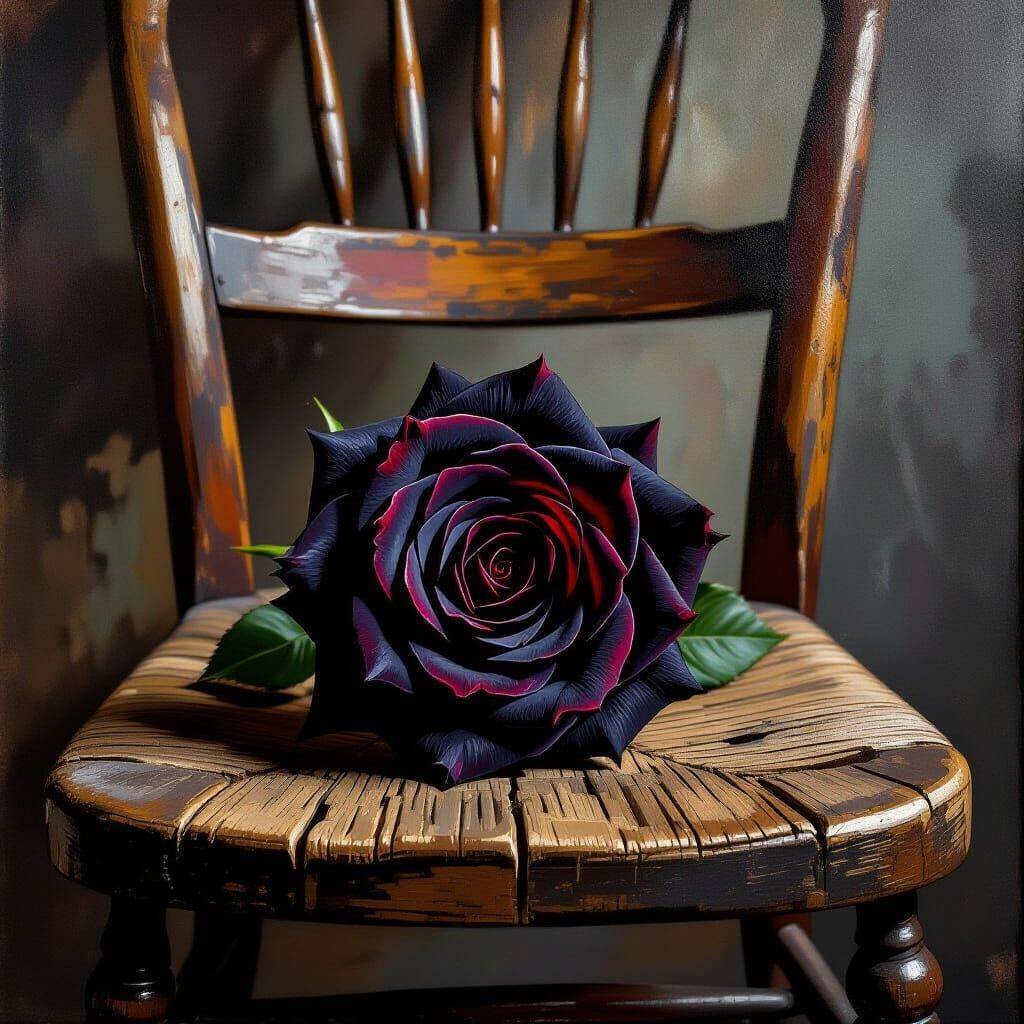 Black Rose on Vintage Chair, Hyperrealistic Impasto