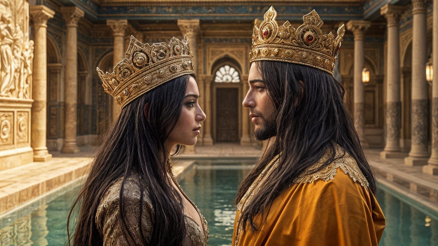 Ethereal Regal Couple in Ancient Persian Courtyard