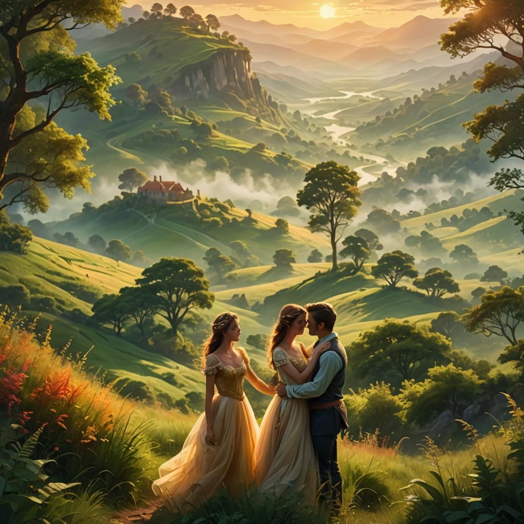 Couple Embrace in Restored Fantasy Landscape