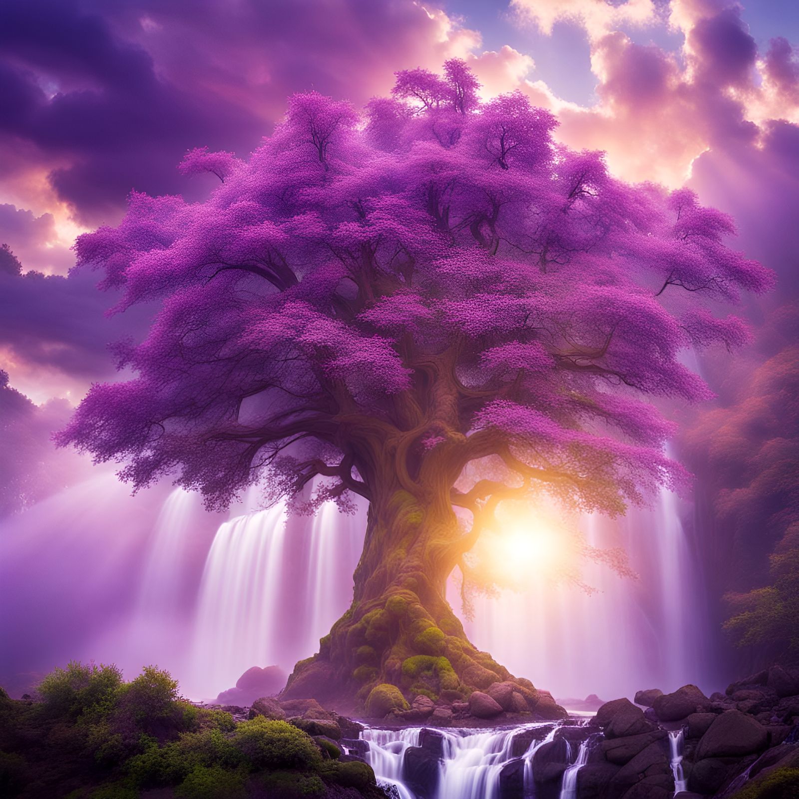Majestic Tree Near Cascade with Purple Birds