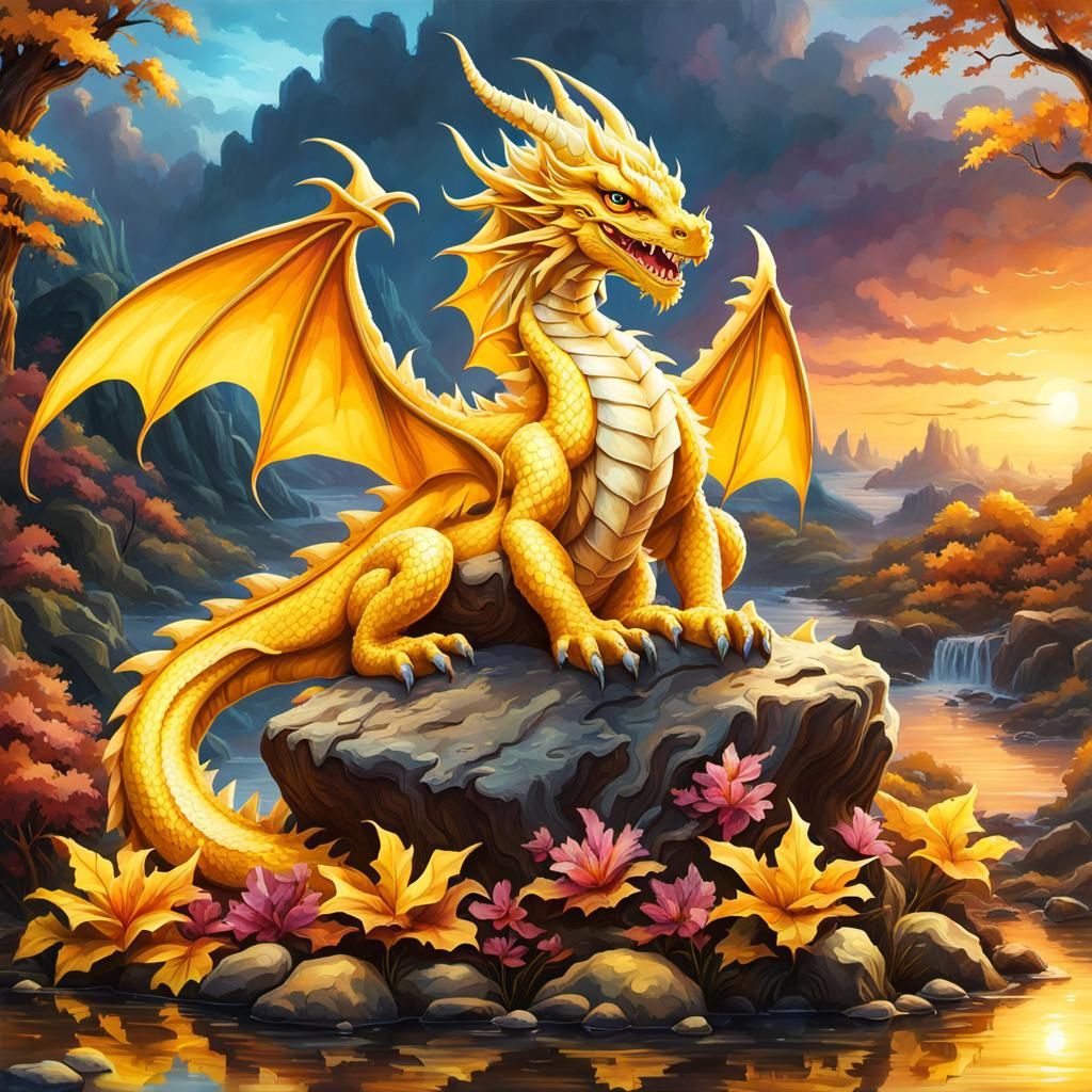 Happy Yellow Dragon Illustration on River Stone