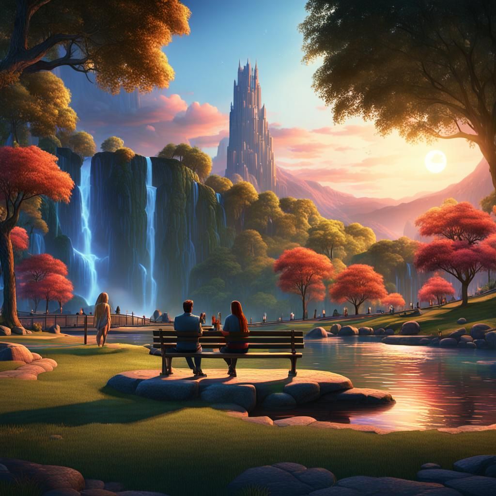 Lovers by Waterfall: Detailed Fantasy Concept Art