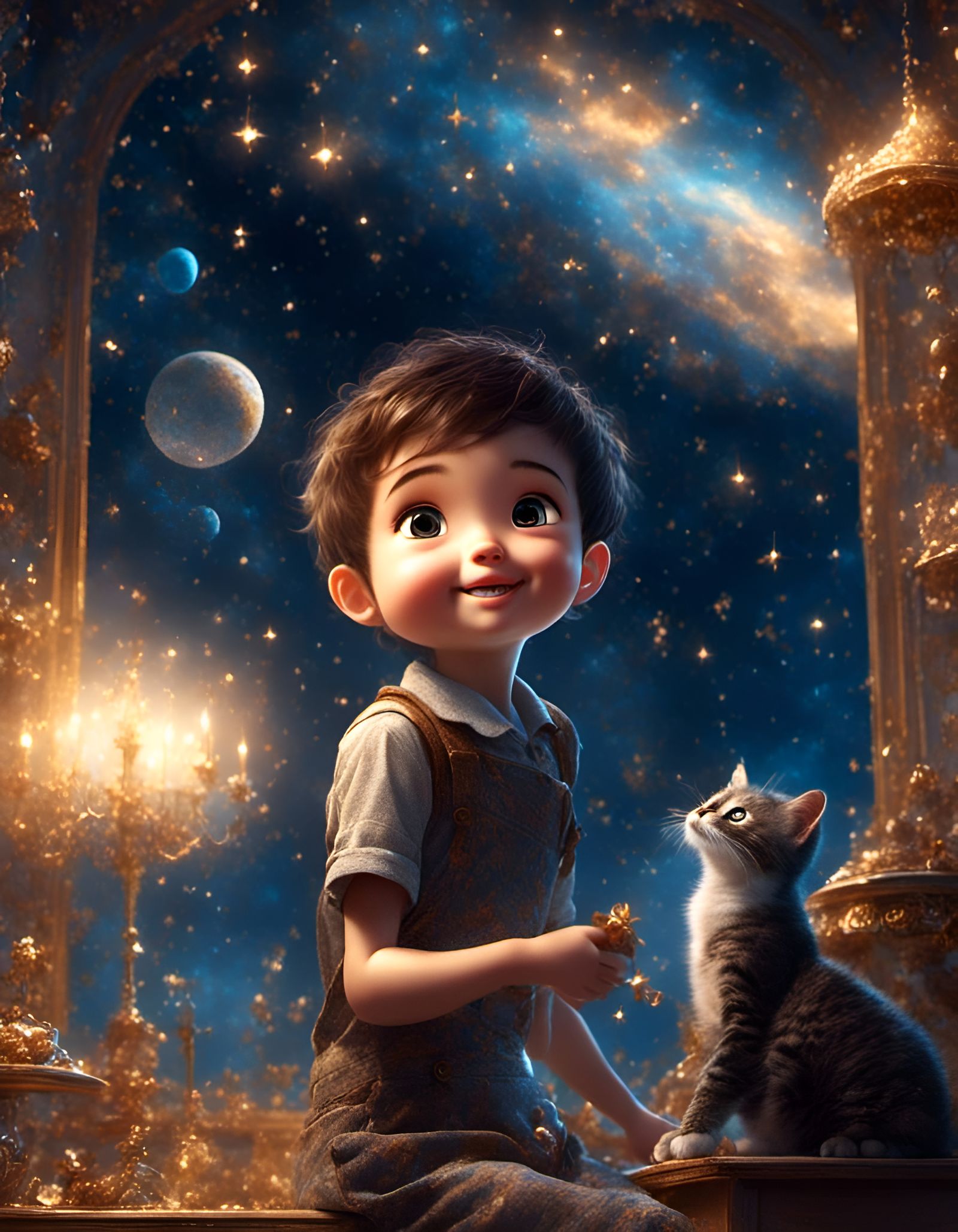 Dreamy Boy with Kitten in Digital Art