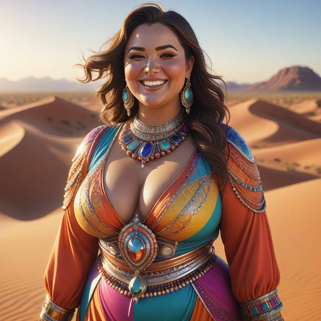 Welcoming Woman in Desert: Hyperrealistic Portrait