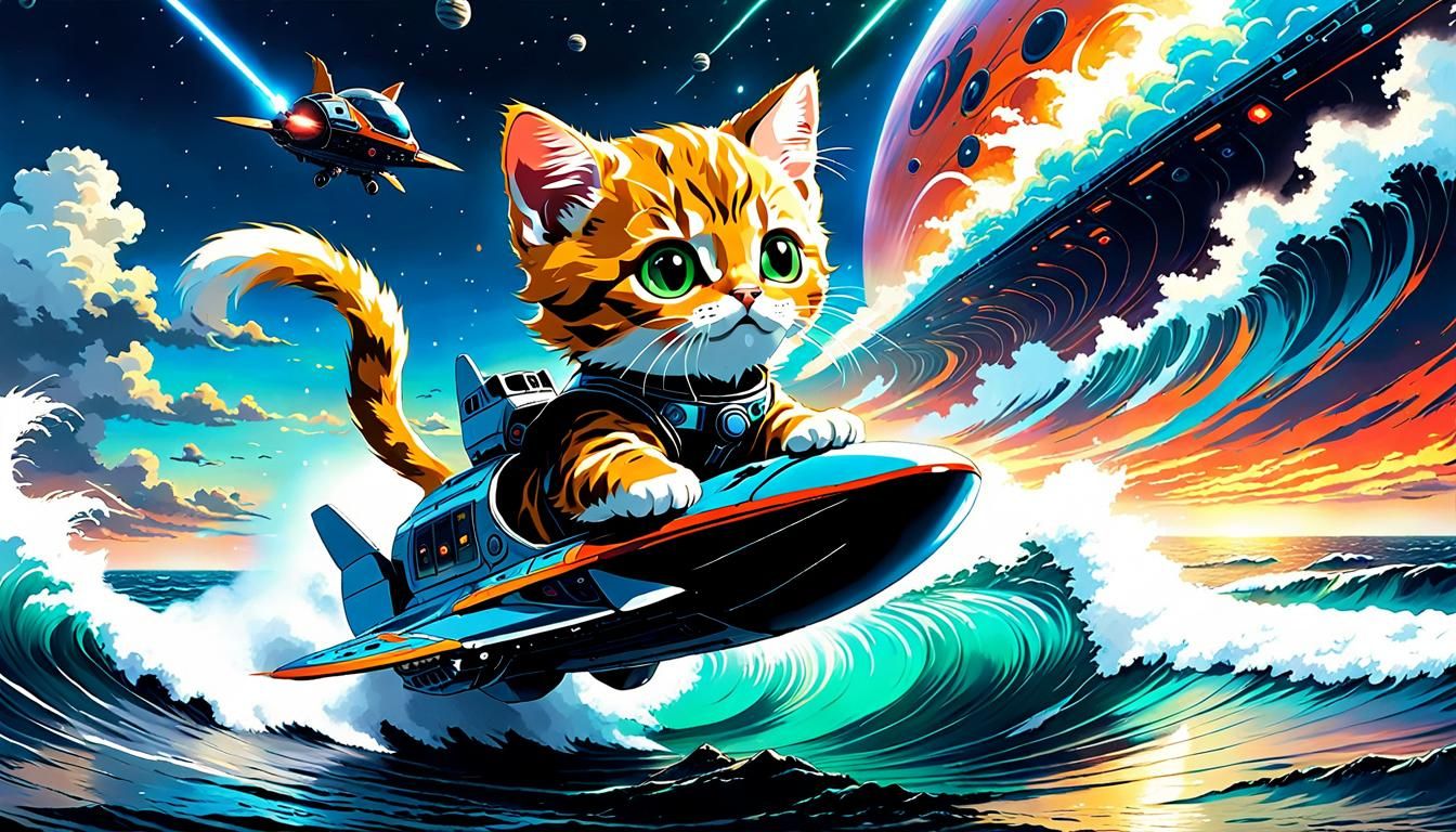 Fluffy kitten riding a half jetski and half spaceship across...