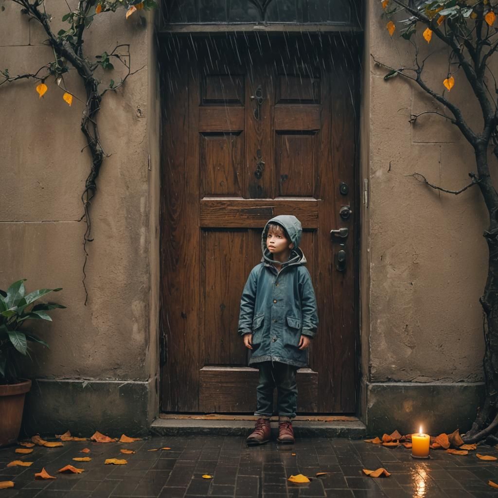 Child in Rainy Courtyard: Cubist Autumn Scene