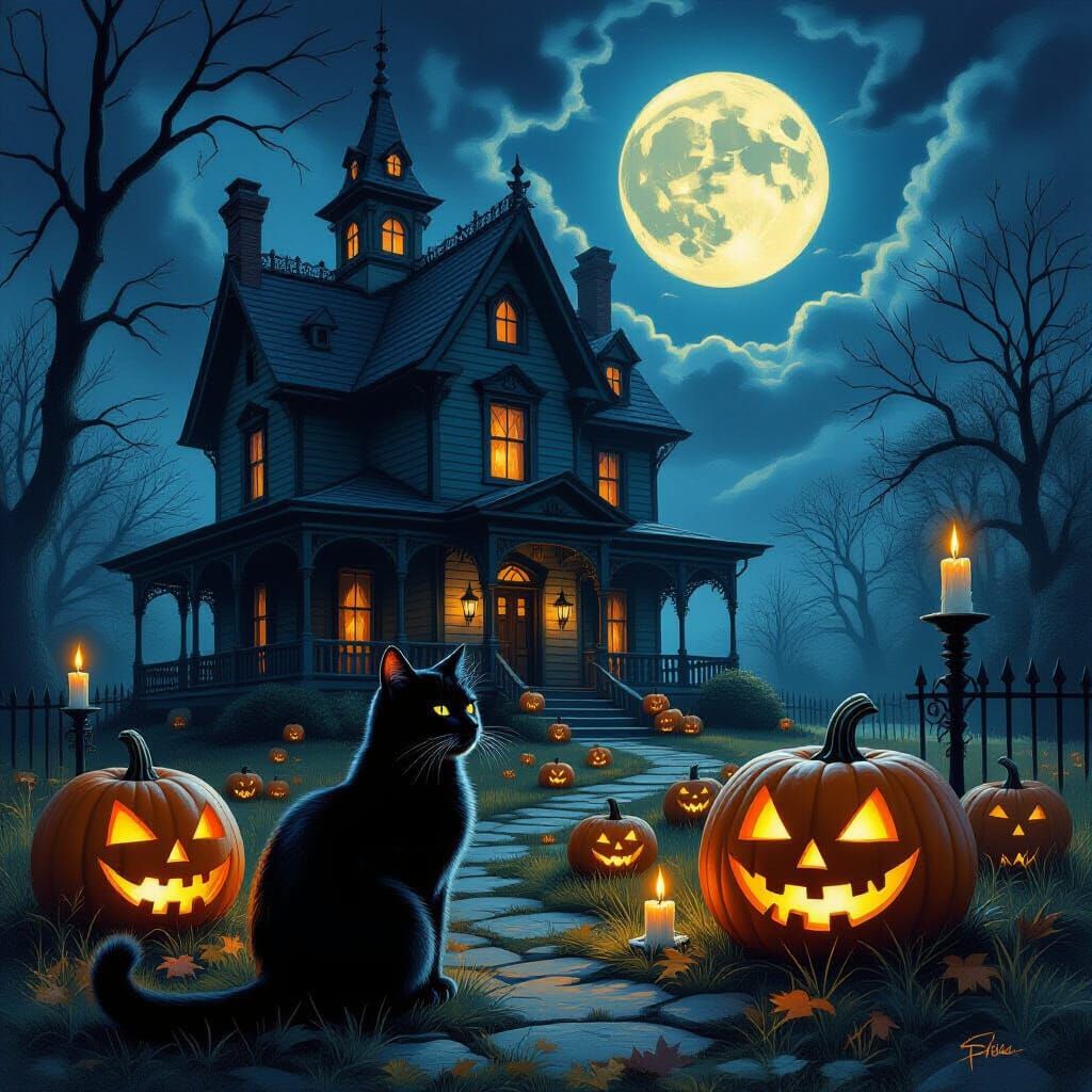 Gothic Haunted House and Black Cat in Oil Painting Style