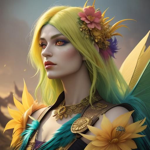 Dragon-Peacock Woman Portrait in Detailed Fantasy Art