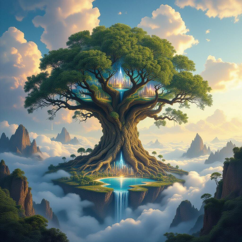 Ancient World Tree Above Clouds with Miniature Ecosystems