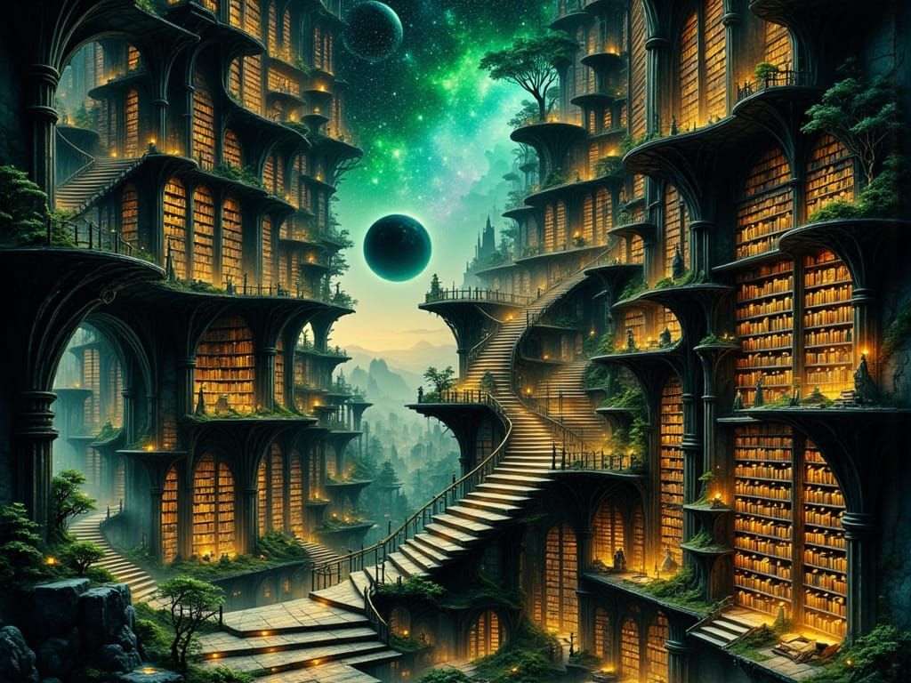 Fantastical Library Ascending into Celestial Landscape