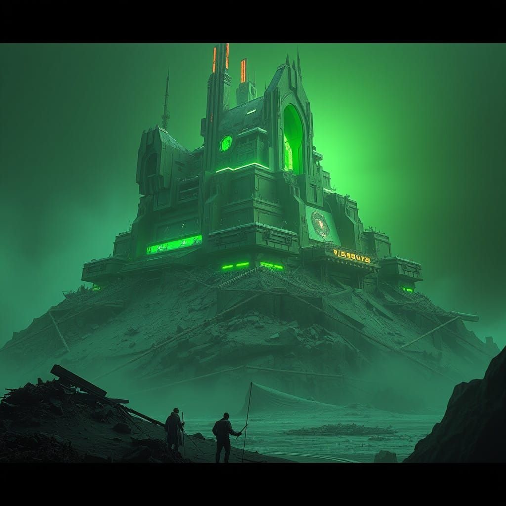 Futuristic, Monochromatic Green Ziggurat in a State of Decay