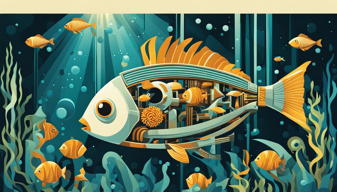 Egyptian Cubist Robot Fish in Kelp Forest