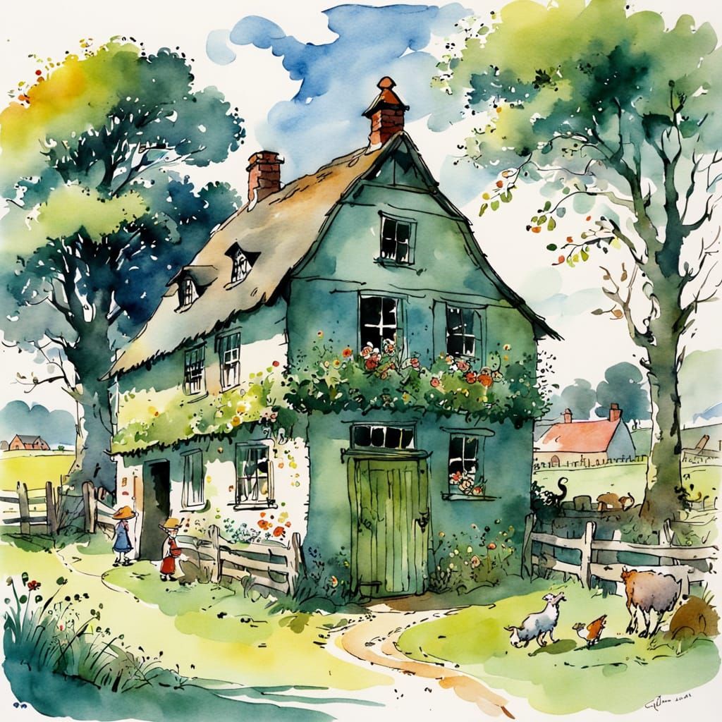 Quentin Blake Style Farmhouse Watercolour Illustration