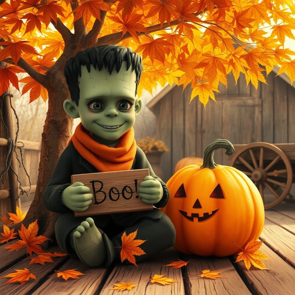 Adorable Frankenstein's Halloween Scene in 3D Style