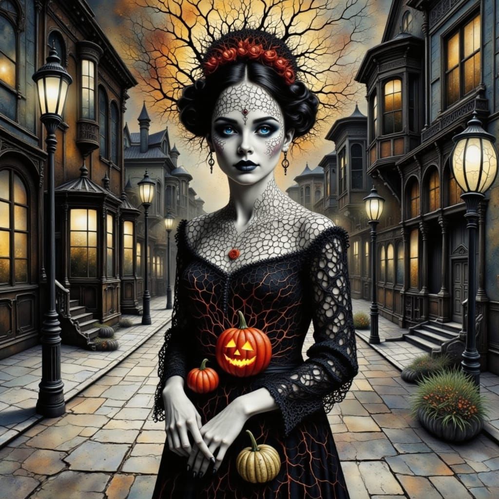 Galaxy Drips Into Halloween Cityscape Portrait