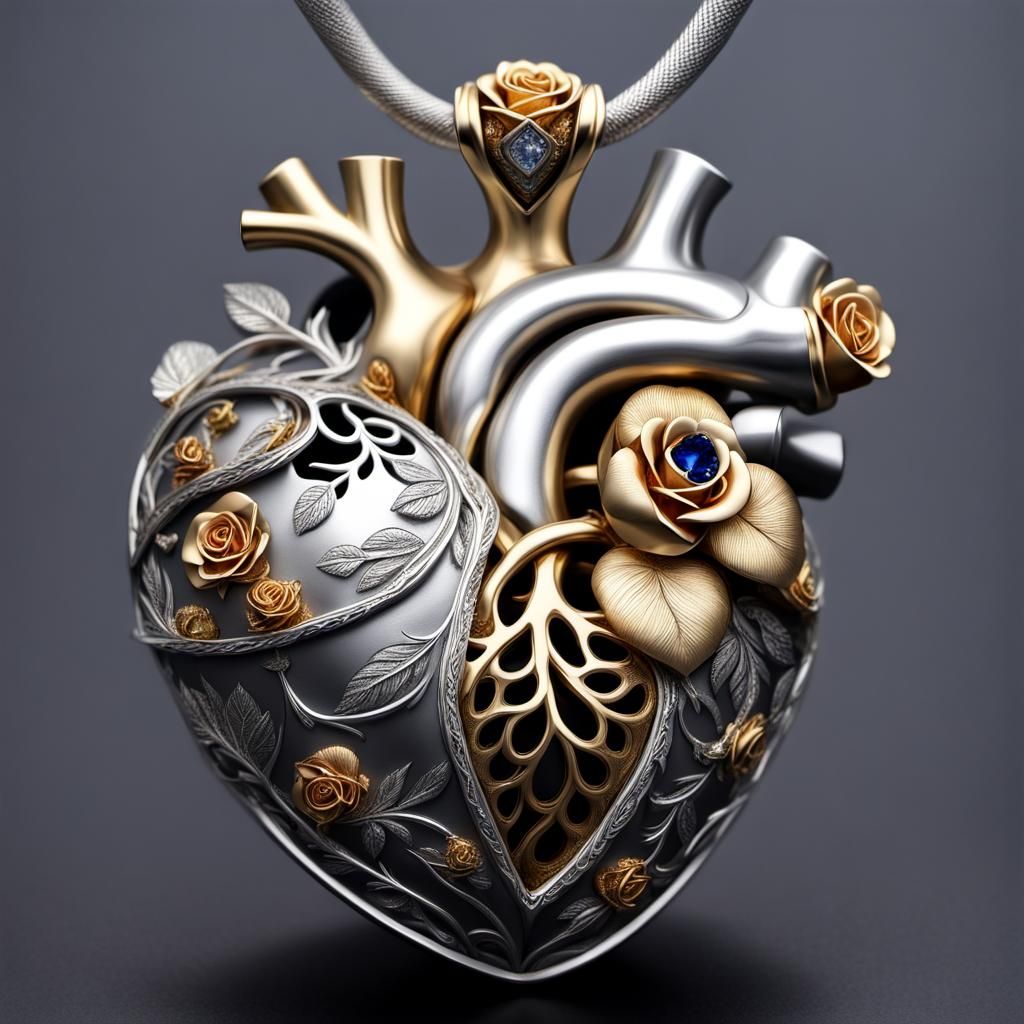 Ornate Jeweled Anatomical Heart in Silver and Gold
