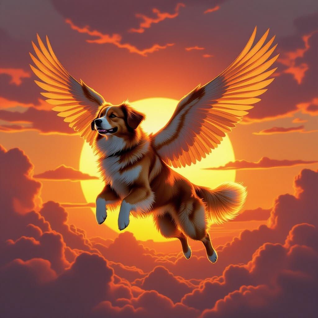 Golden Retriever Soars Against Fiery Sunset Sky