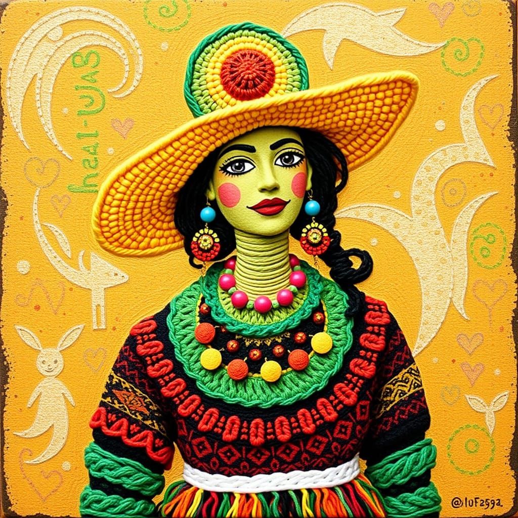 Surrealist Mexican Folk Art Fusion with Avocado Hat