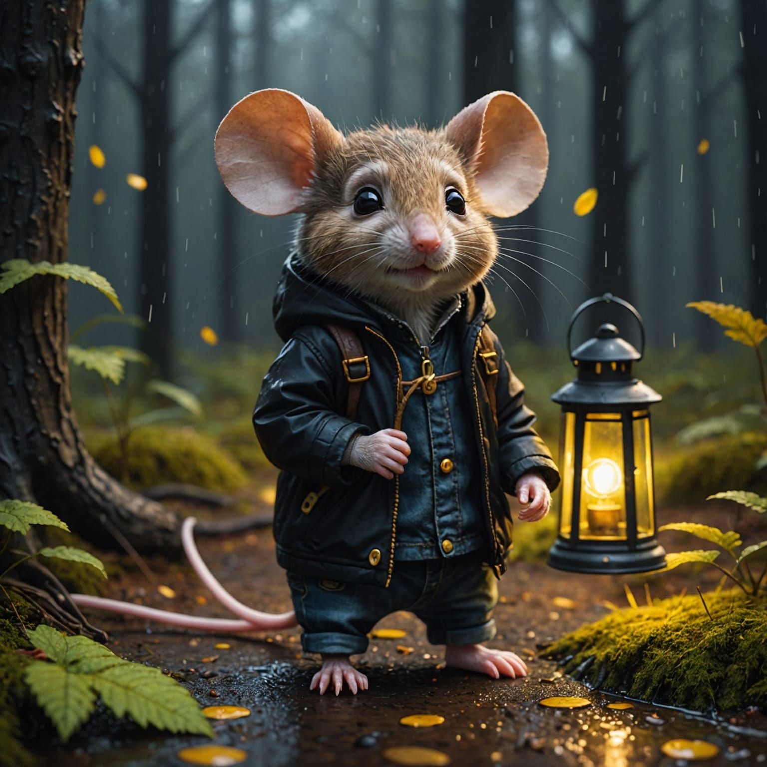 Mouse in Jacket with Lantern in Rainy Forest