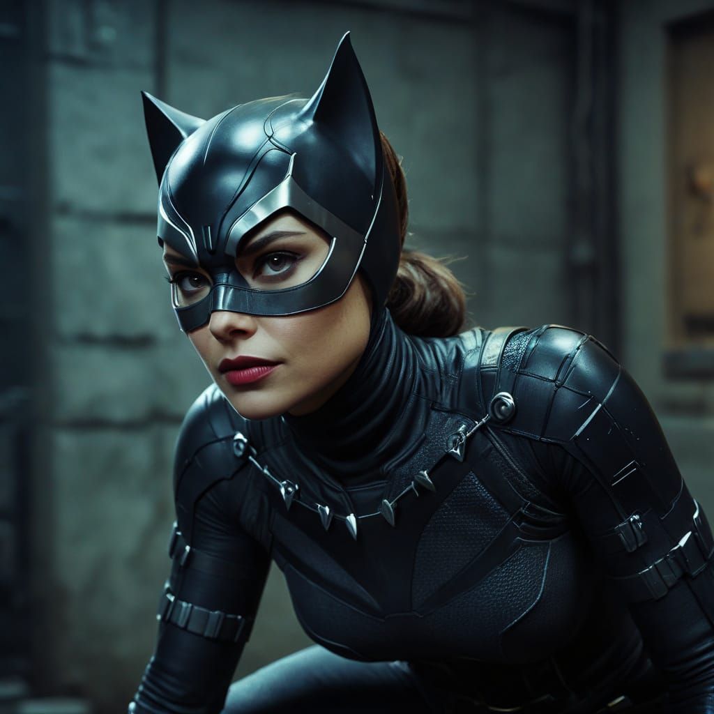Catwoman in Cinematic Film Still with Film Grain and Vignett...