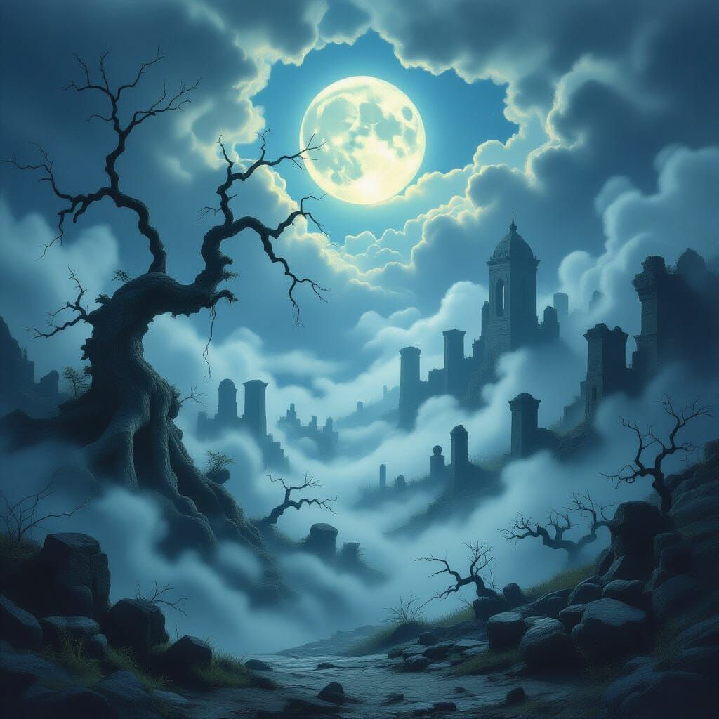 Surreal Fog Landscape with Mythical Creatures and Ruins