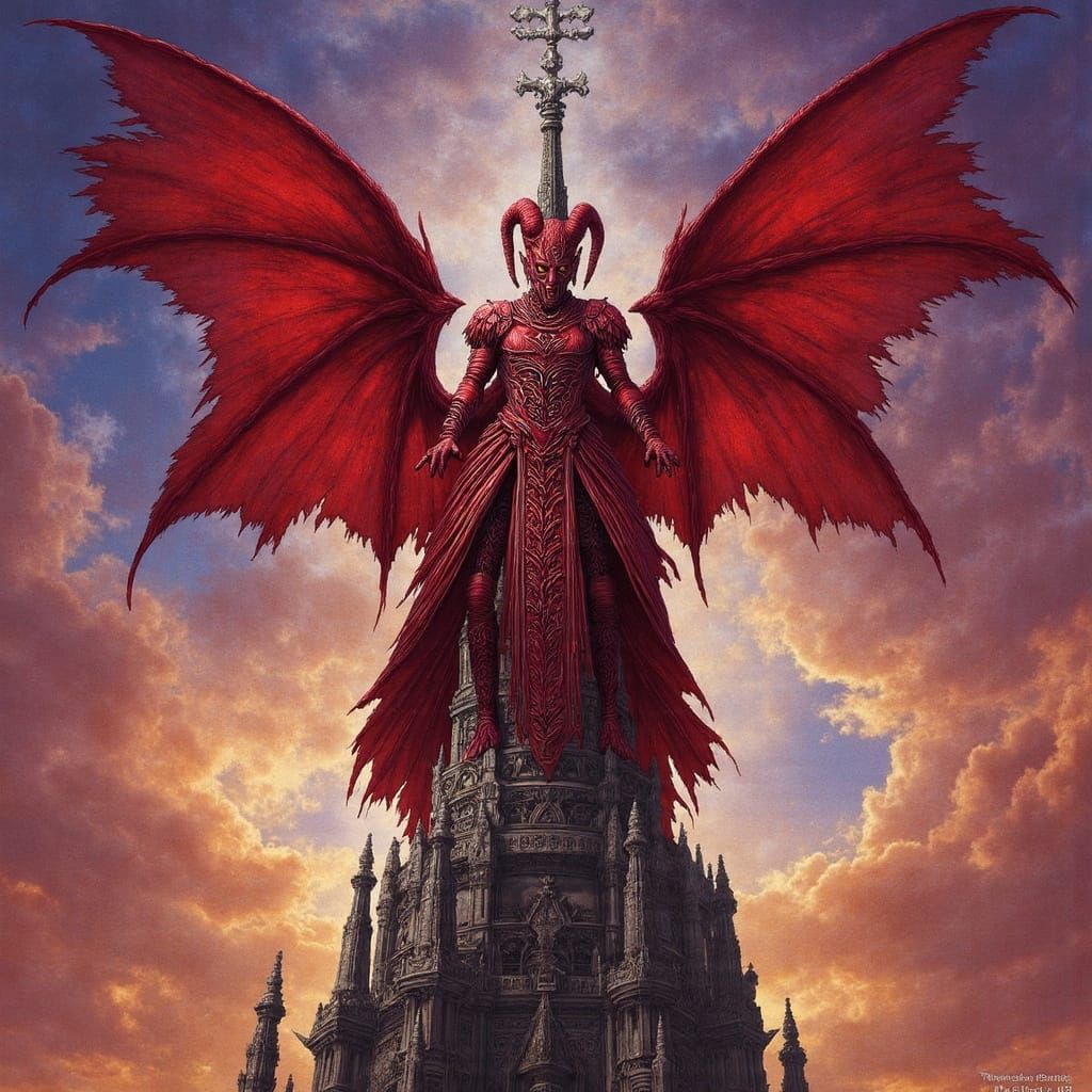Red Imp Devil on Gothic Spire in Chiaroscuro Style