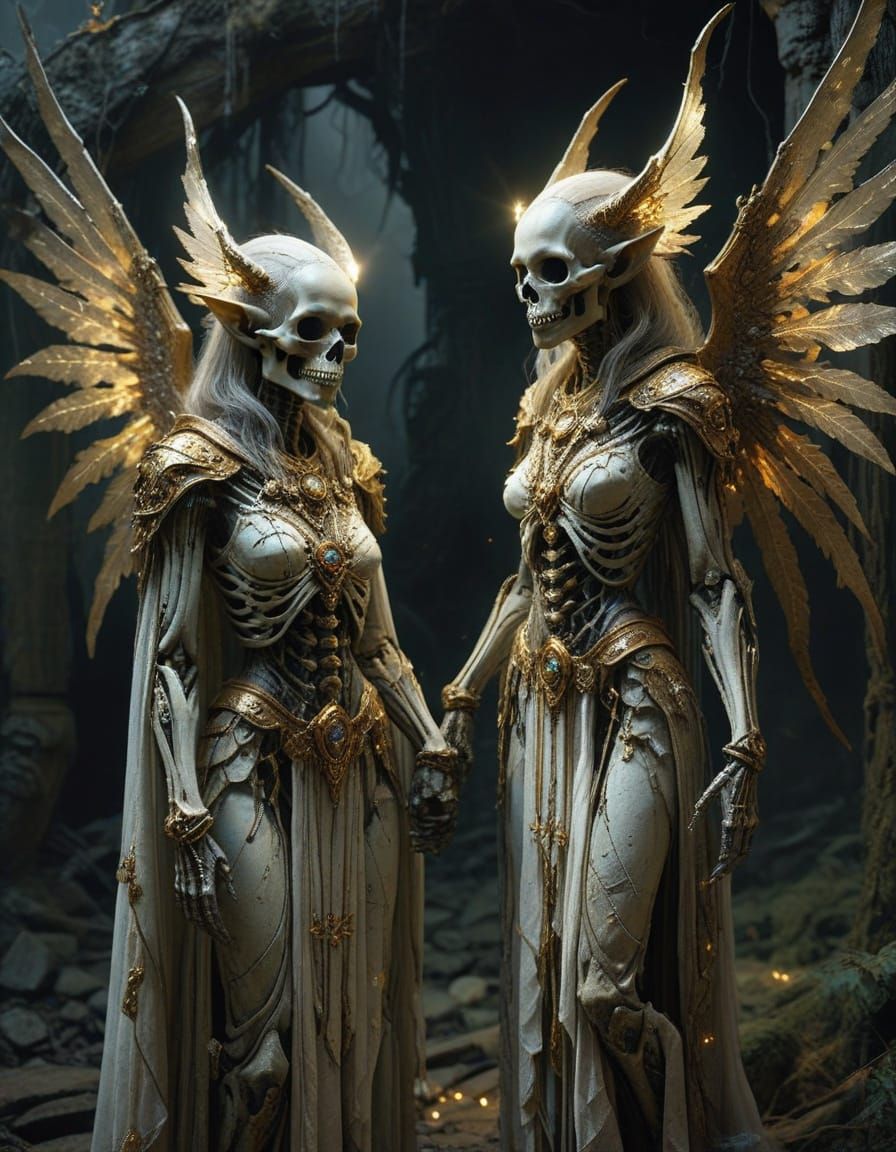 Ancient Skeletons and Elven Maidens Before a Glowing Golden ...