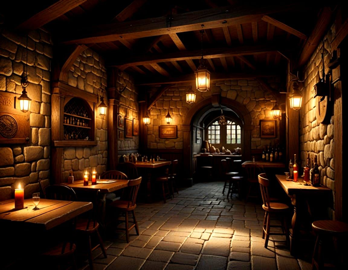 Medieval Tavern Interior 3D Render with Alleyway Glimpse